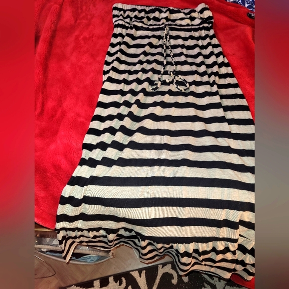 large summer dress tube top with tie underneath black and gray stripes midi - Picture 1 of 1